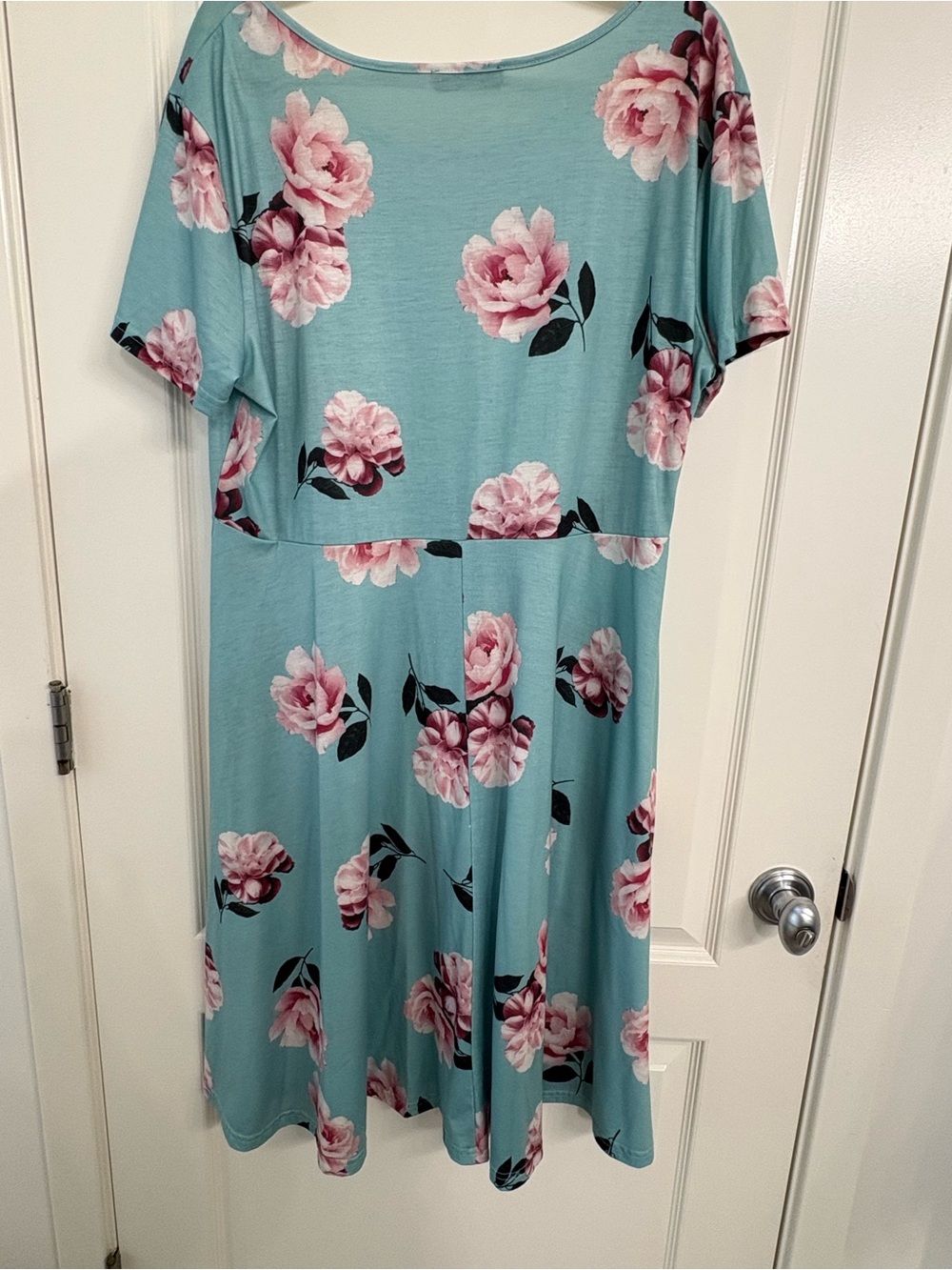 Scoop Neck Midi Dress in Aqua with Pink Floral Print